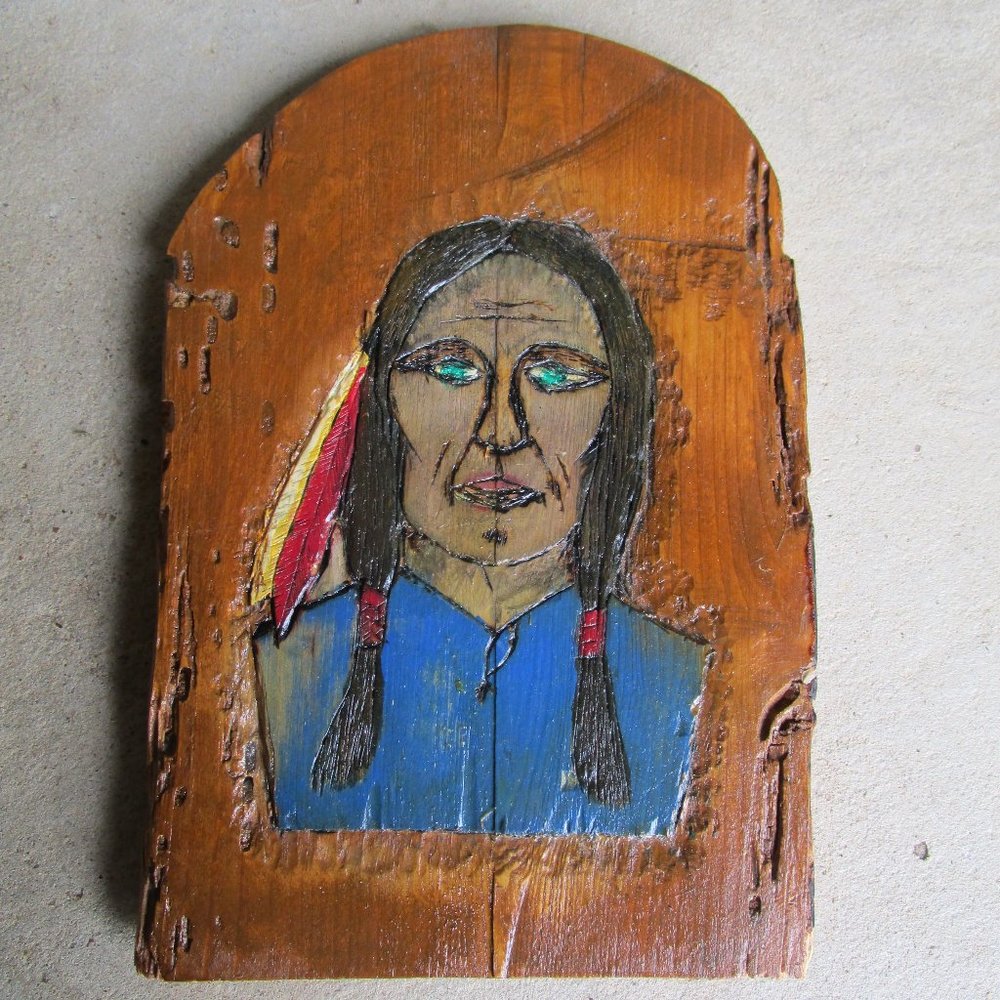 Hand carved and Painted Native American Signed Wood Plaque